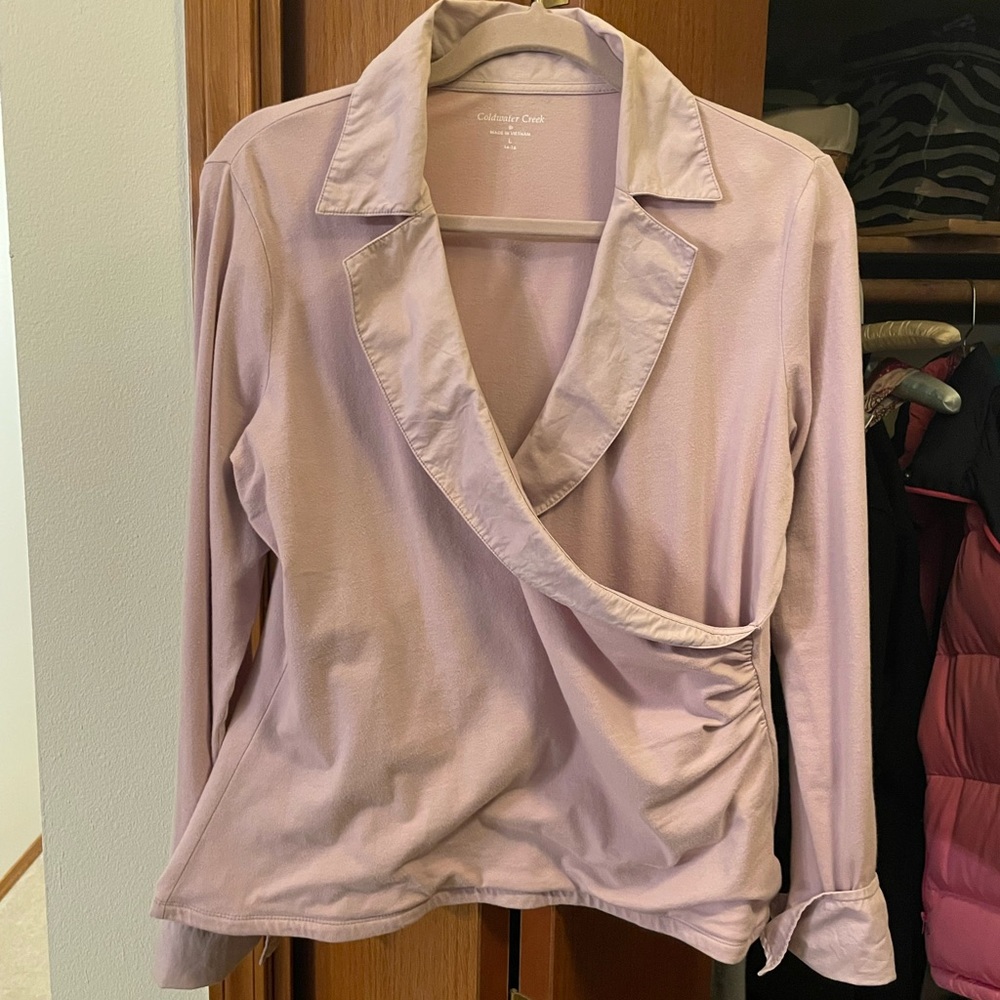 Coldwater Creek cotton knit surplice vneck, collared and cuffed sleeves top